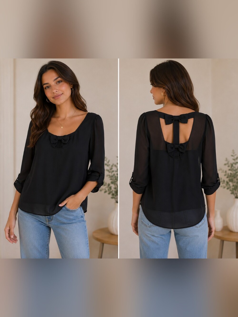 💥💙 Black Sheer Bow-Back Women's Blouse